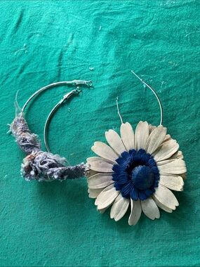 Cream and Blue Floral Hoop Earrings - Bold Petal Statement